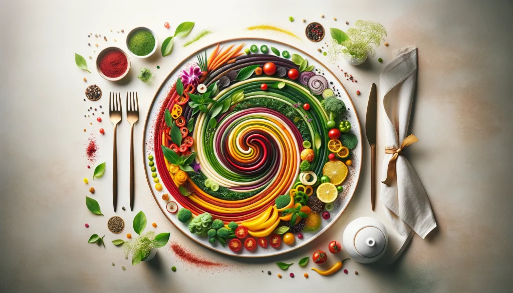 Auf dem Bild ist ein ästhetisch ansprechenden, farbenfrohen Gerichts zu sehen. Es zeigt das Essen auf einem eleganten weißen Teller, kunstvoll arrangiert in lebendigen Farben.